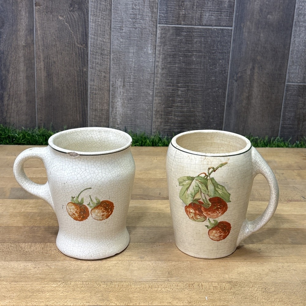 Antique Roseville Pottery Mugs Lot of 2 Berry Fruit Motif Crackle Glaze